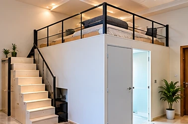 Custom loft bed structure in a modern compact home